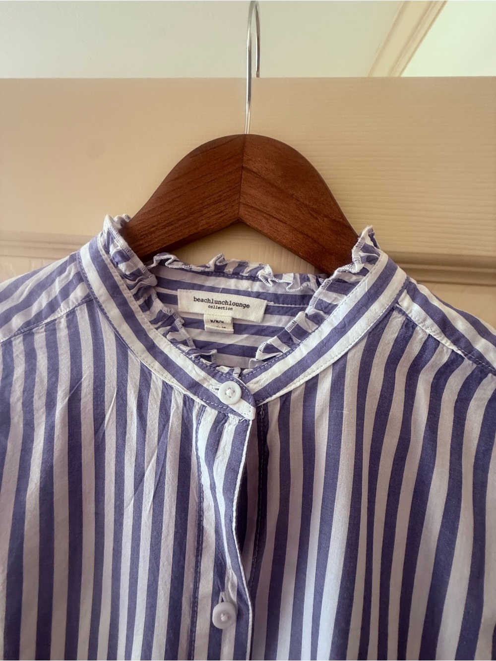 beachlunchlounge Blue and White Striped Ruffle Collar Shirt - Picture 2 of 7